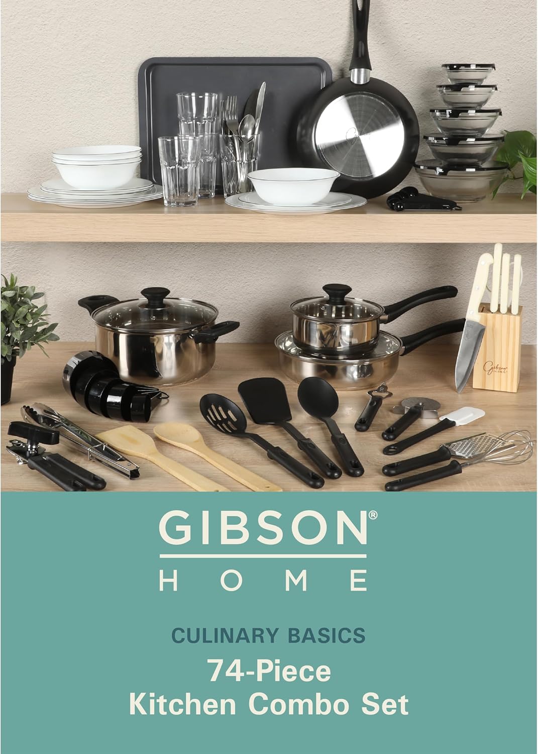 Gibson Home 74 Piece Kitchen in a Box Pots and Pans Cookware, Plates and Bowls Dinnerware, Cutlery Knife Block, Flatware Utensils