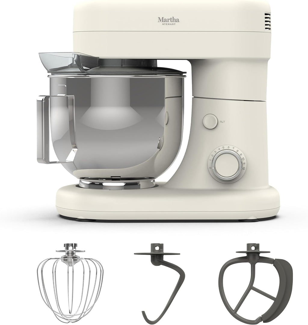 Martha Stewart  Tilt-Head Stand Mixer, 12 Speed, 5.3QT Stainless Steel Bowl, Splash Guard with Pour Chute, Whisk, Dough Hook, Flat Beater, Electric Kitchen Baking Mixer, Bread, Cake, Whip, Linen White Visit the Martha Stewart Store