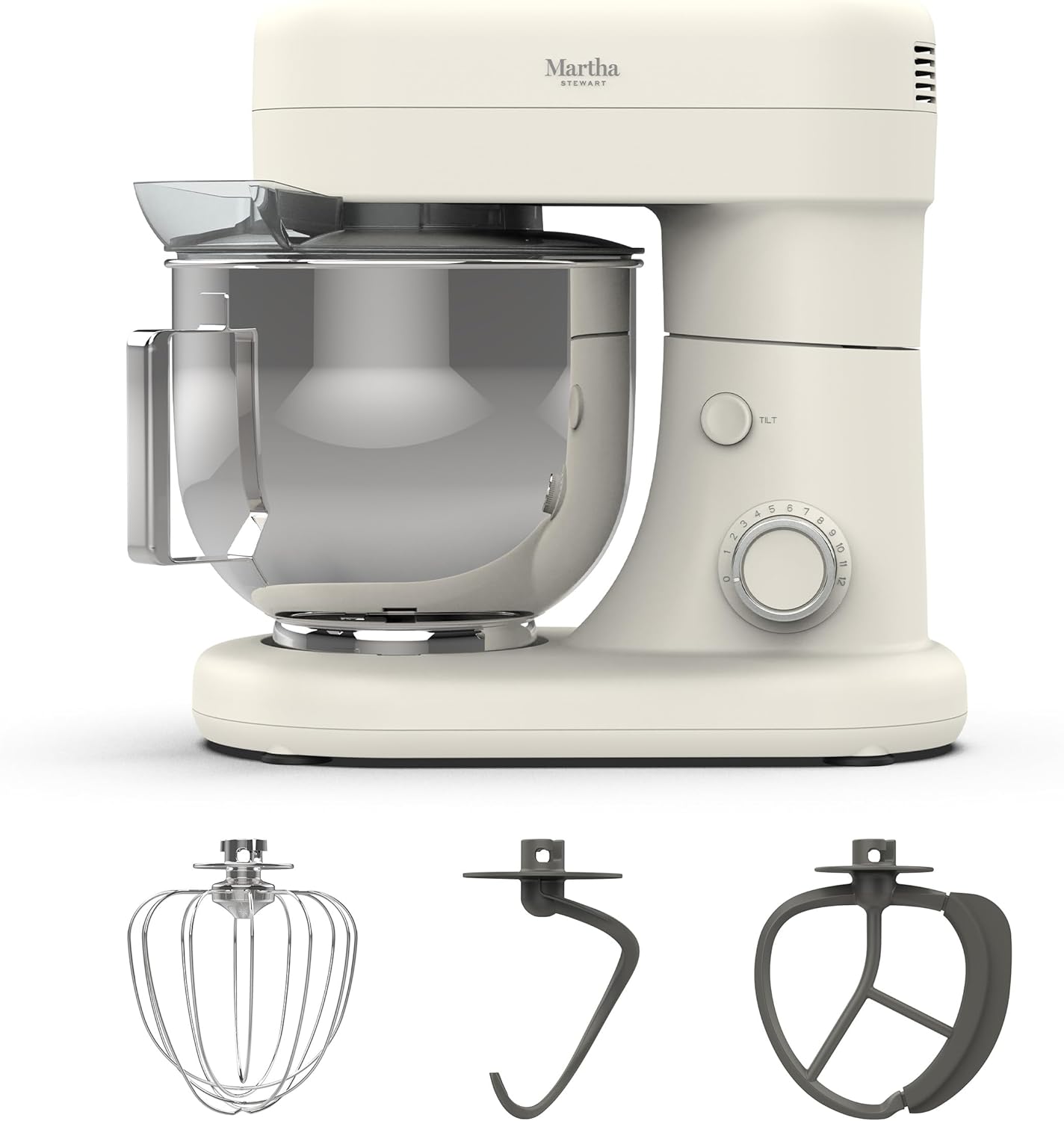 Martha Stewart  Tilt-Head Stand Mixer, 12 Speed, 5.3QT Stainless Steel Bowl, Splash Guard with Pour Chute, Whisk, Dough Hook, Flat Beater, Electric Kitchen Baking Mixer, Bread, Cake, Whip, Linen White Visit the Martha Stewart Store