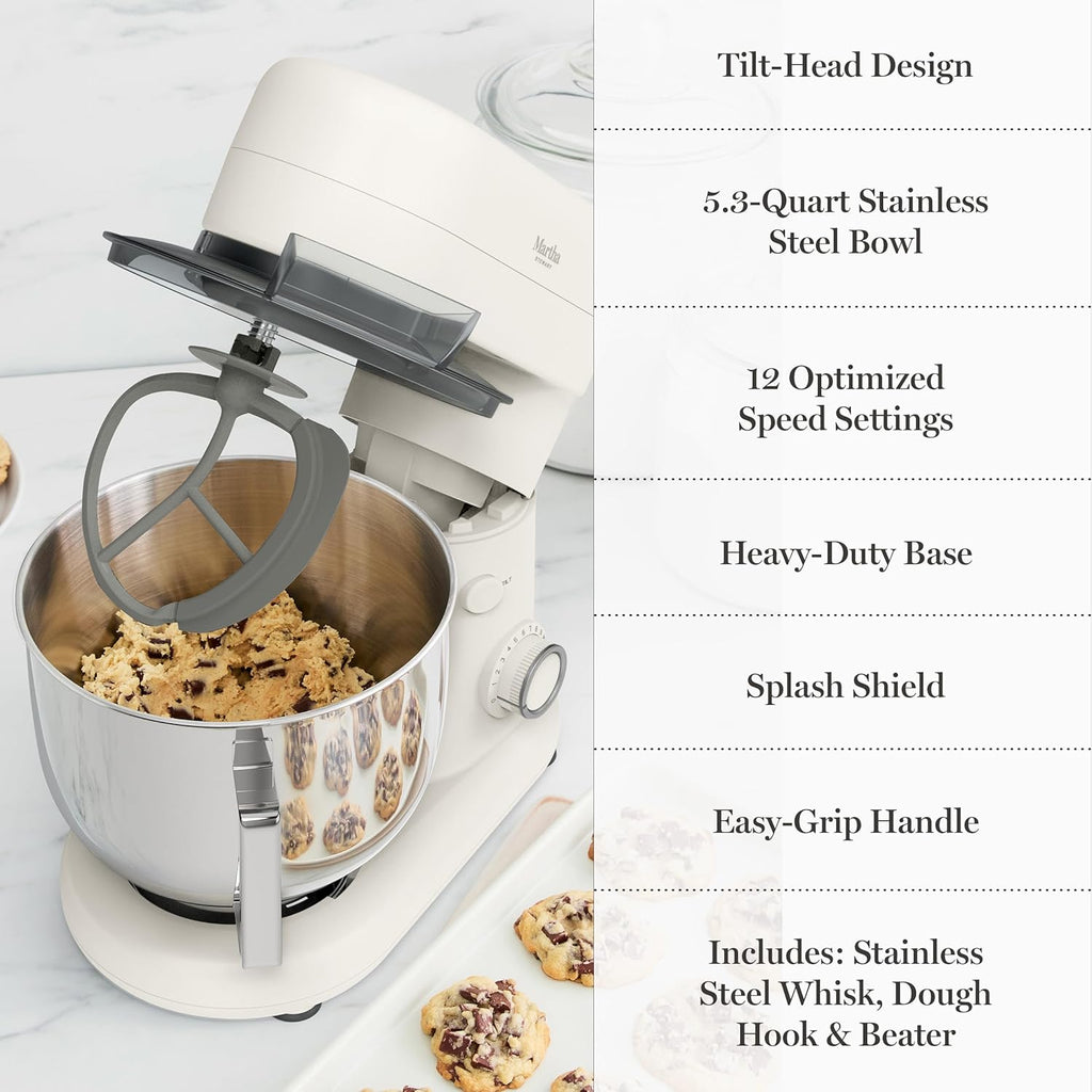 Martha Stewart  Tilt-Head Stand Mixer, 12 Speed, 5.3QT Stainless Steel Bowl, Splash Guard with Pour Chute, Whisk, Dough Hook, Flat Beater, Electric Kitchen Baking Mixer, Bread, Cake, Whip, Linen White Visit the Martha Stewart Store