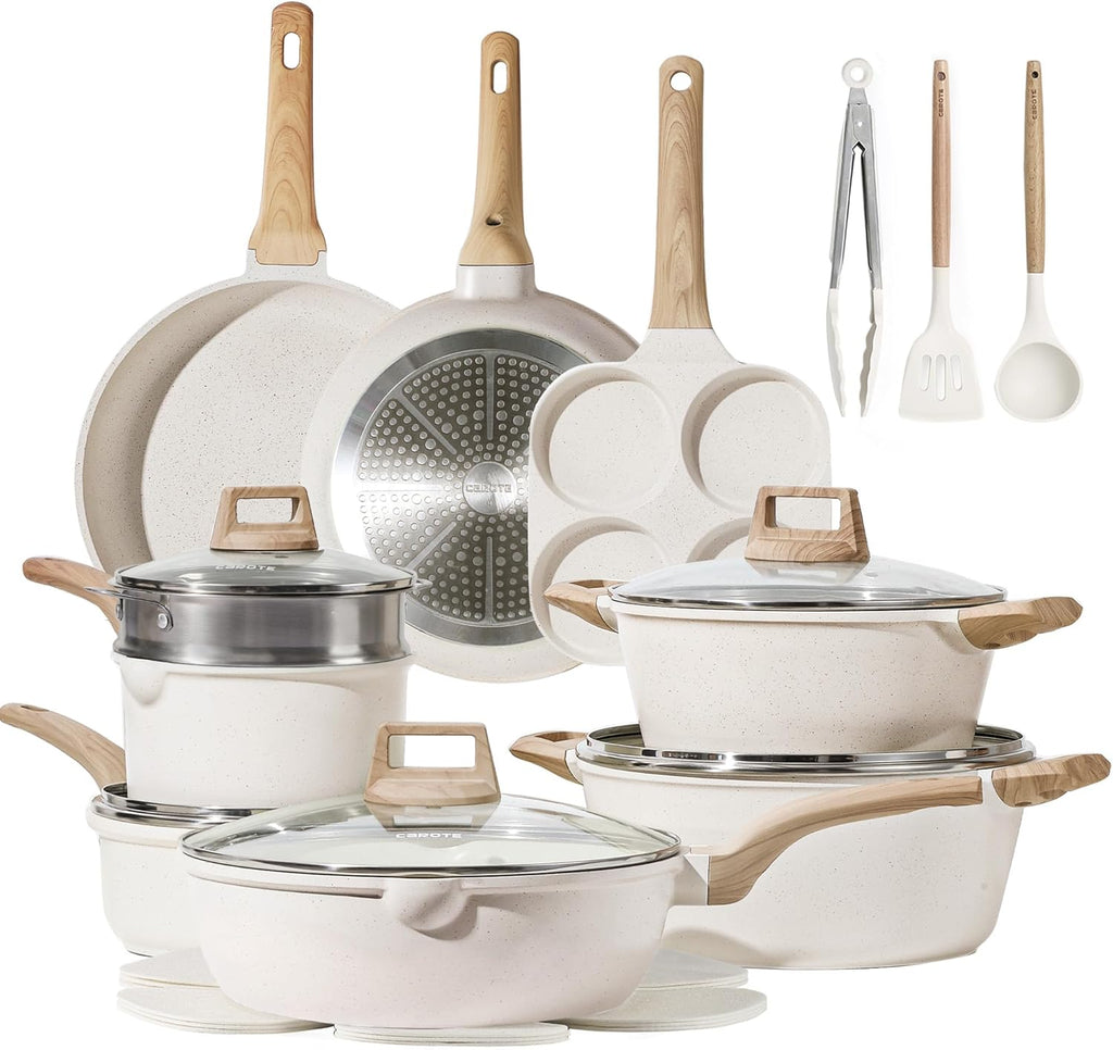 CAROTE 21Pcs Pots and Pans Set, Nonstick Cookware Sets, White Granite Induction Cookware Non Stick Cooking Set