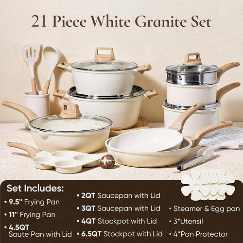 CAROTE 21Pcs Pots and Pans Set, Nonstick Cookware Sets, White Granite Induction Cookware Non Stick Cooking Set