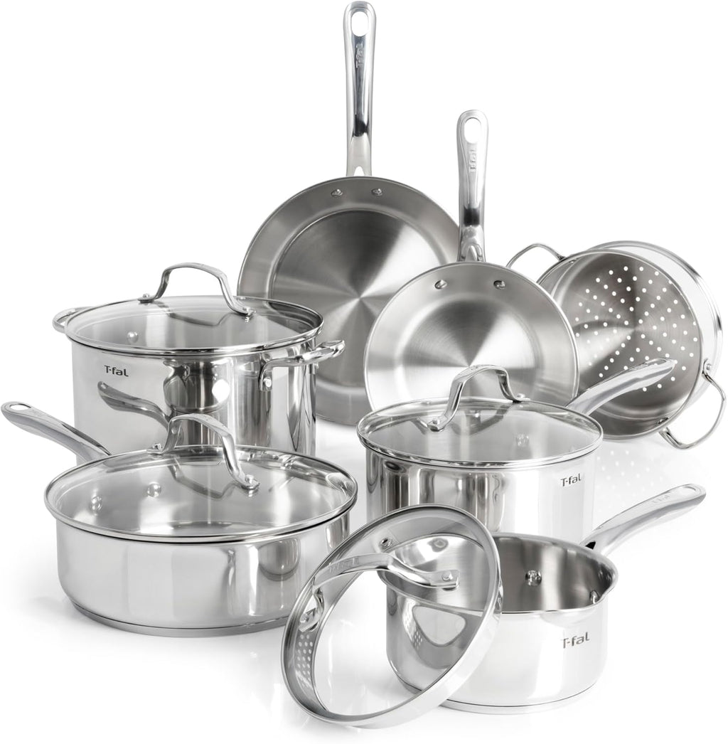 T-fal Stainless Steel Pots and Pans Set 11 Piece, Induction, Oven Broiler Safe 500F, Kitchen Cooking Set