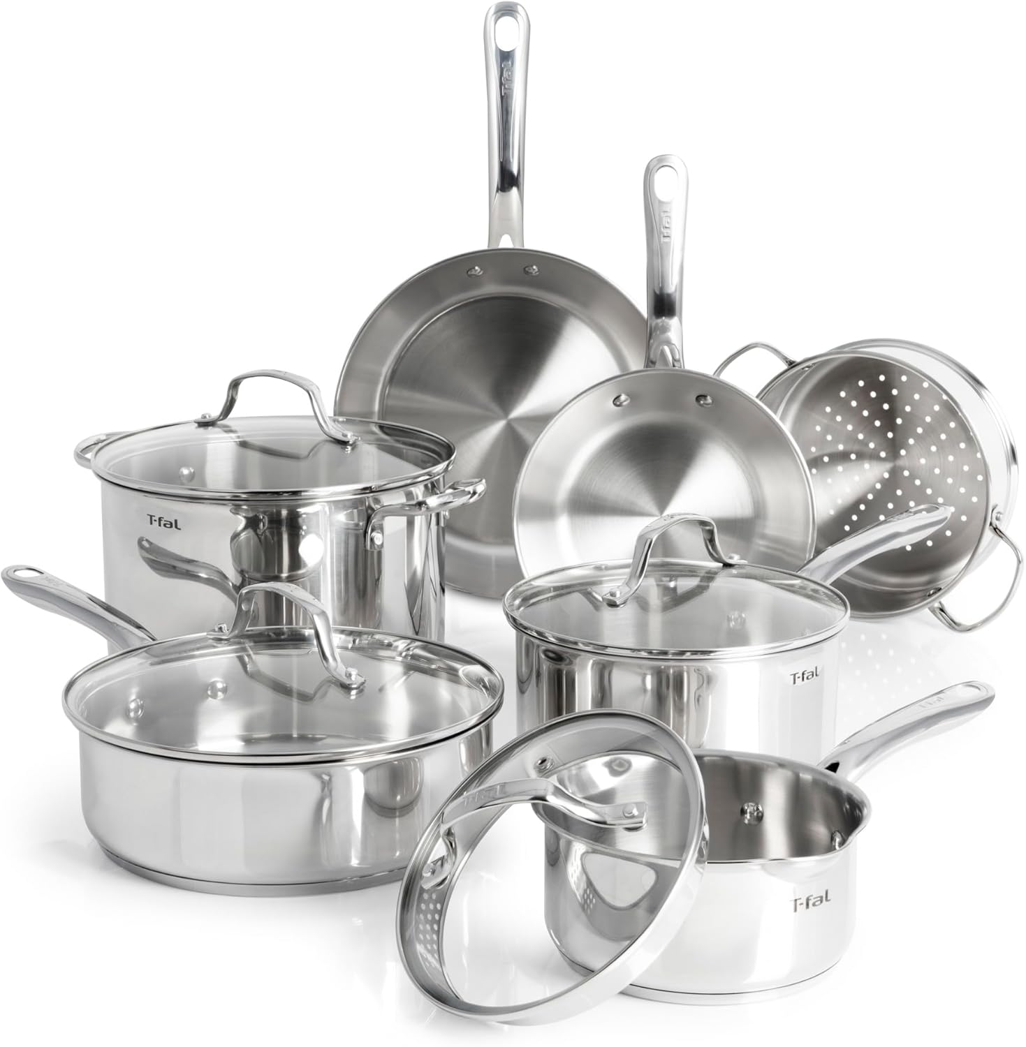 T-fal Stainless Steel Pots and Pans Set 11 Piece, Induction, Oven Broiler Safe 500F, Kitchen Cooking Set