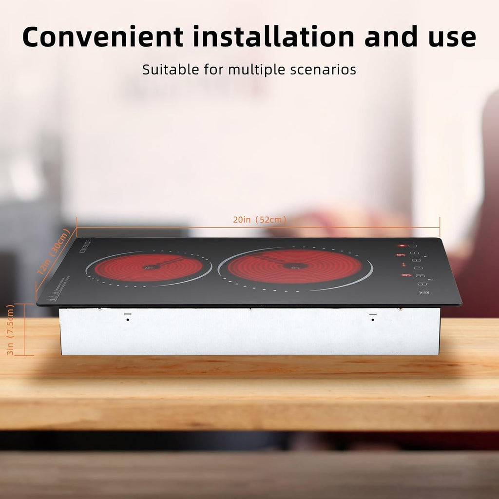 Built-in 2 Burner Electric Cooktop 220v Electric Stove with Residual Heat Indicator,Compatible with All Cookware,1-9 Power Level,Hard Wire (No Plug) Suitable For Home