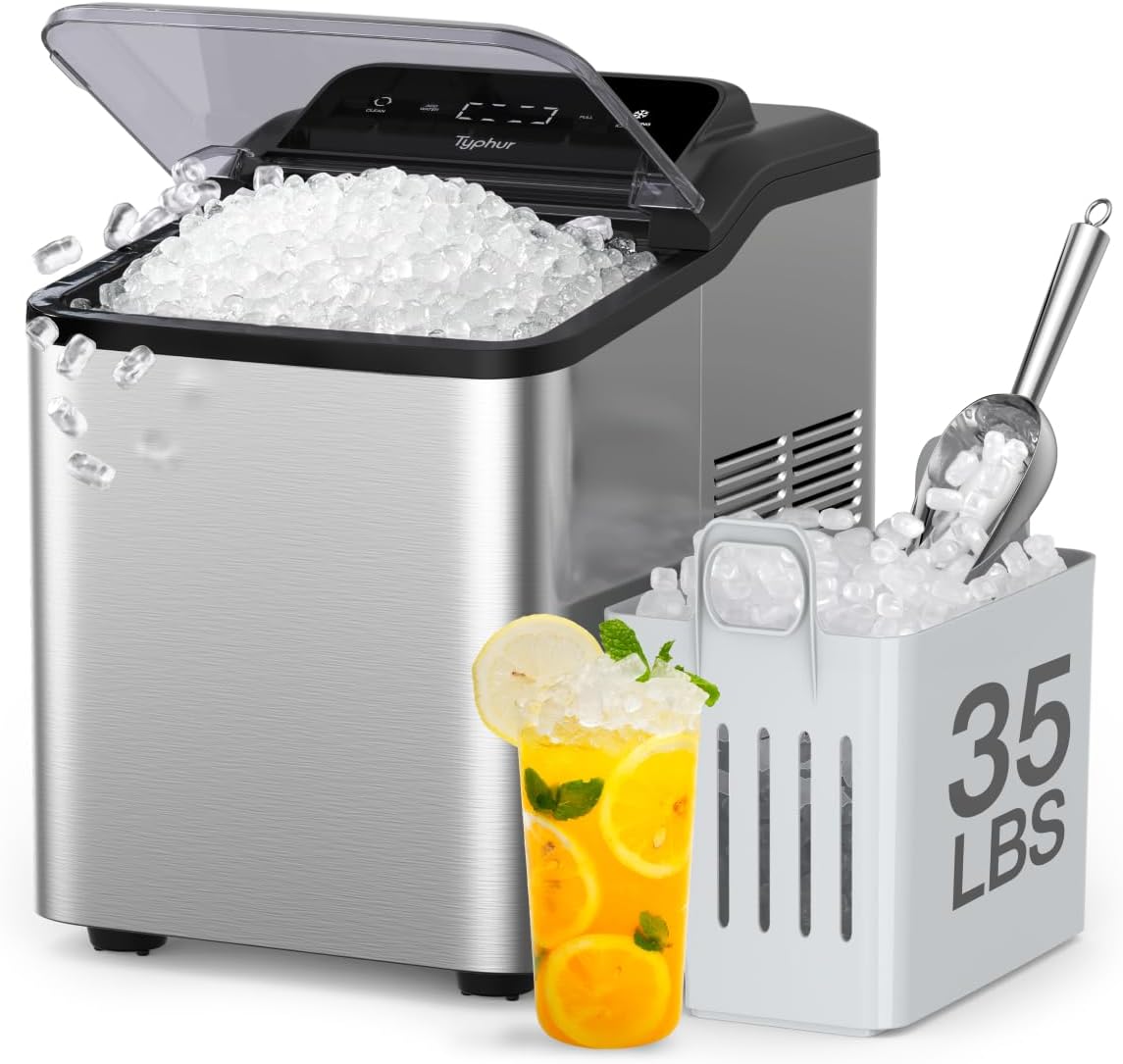 Typhur Fast Nugget Ice Maker Countertop with Self-Cleaning Pump, 35lbs/24H Crushed Pebble Ice Machine with Pellet Ice, 8 Packs Cleaner, Dual Ice Scoops for Home, Kitchen