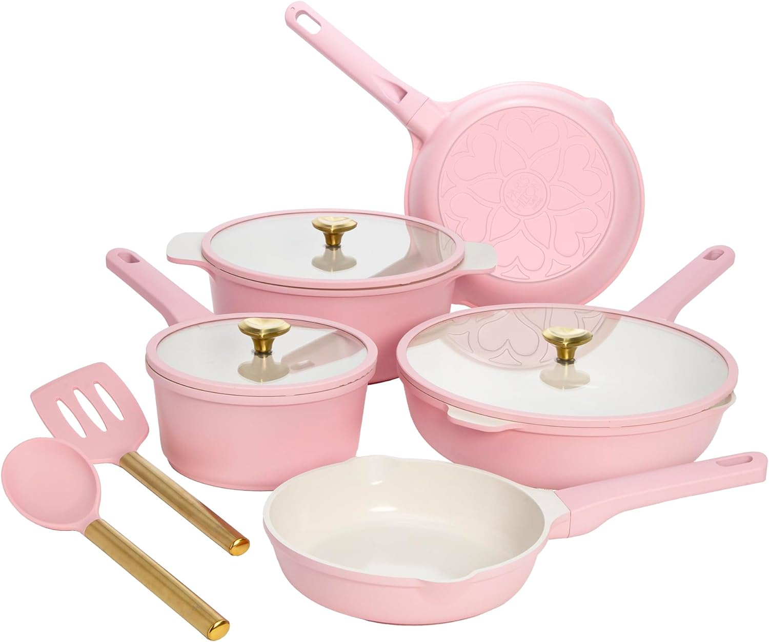 Paris Hilton Ceramic Nonstick Cookware Set, Cast Aluminum with Dual Layer Nonstick Coating, Gold Heart Knobs, Stay-Cool Handles