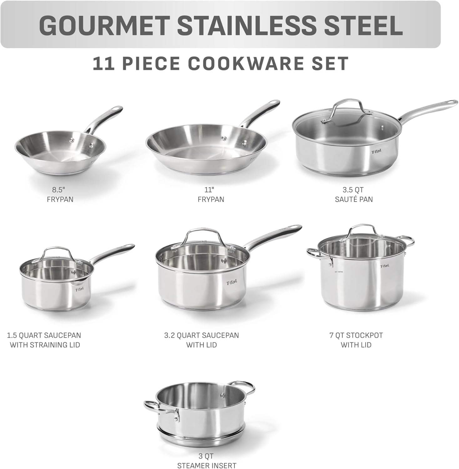 T-fal Stainless Steel Pots and Pans Set 11 Piece, Induction, Oven Broiler Safe 500F, Kitchen Cooking Set