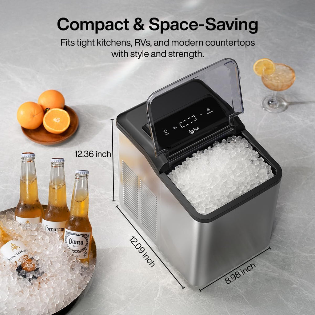 Typhur Fast Nugget Ice Maker Countertop with Self-Cleaning Pump, 35lbs/24H Crushed Pebble Ice Machine with Pellet Ice, 8 Packs Cleaner, Dual Ice Scoops for Home, Kitchen