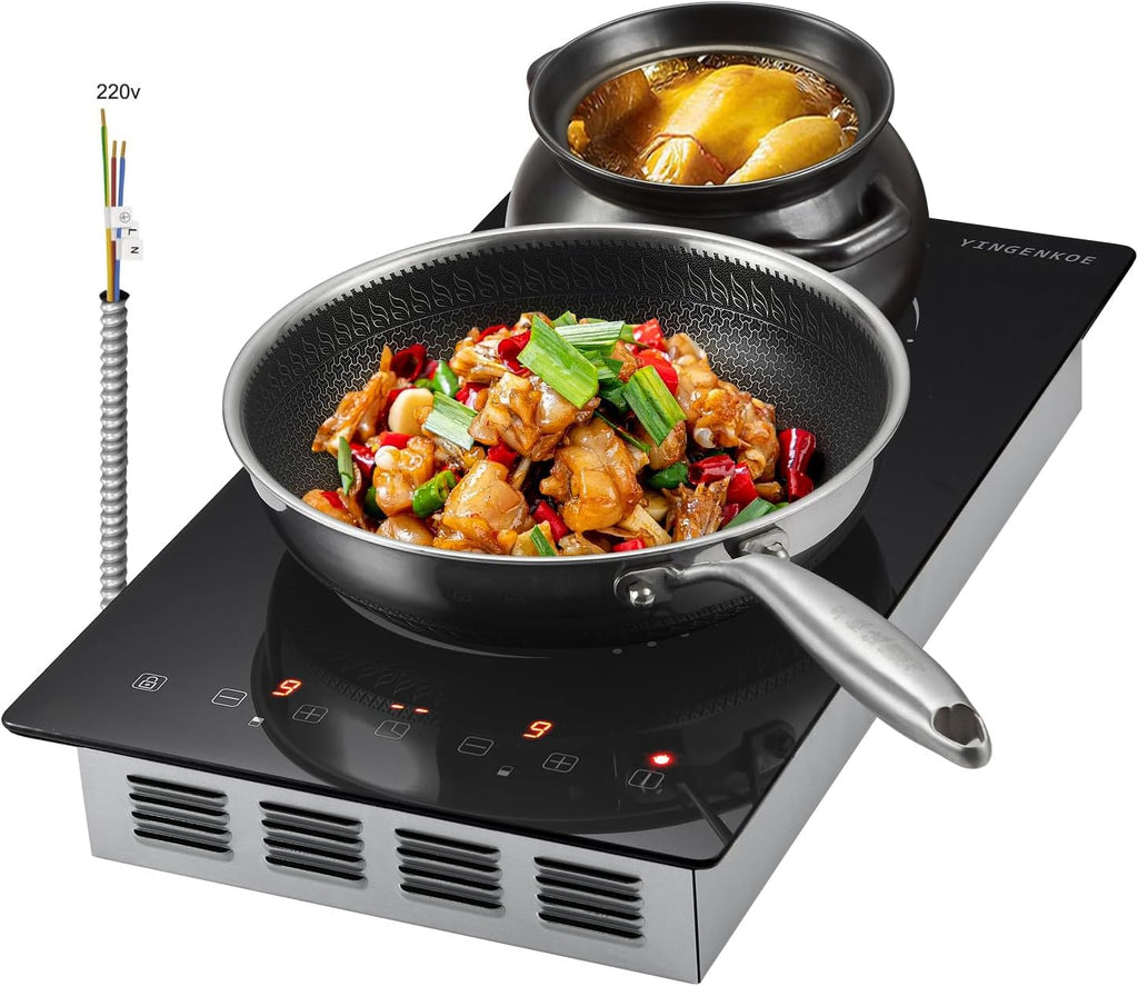 Built-in 2 Burner Electric Cooktop 220v Electric Stove with Residual Heat Indicator,Compatible with All Cookware,1-9 Power Level,Hard Wire (No Plug) Suitable For Home
