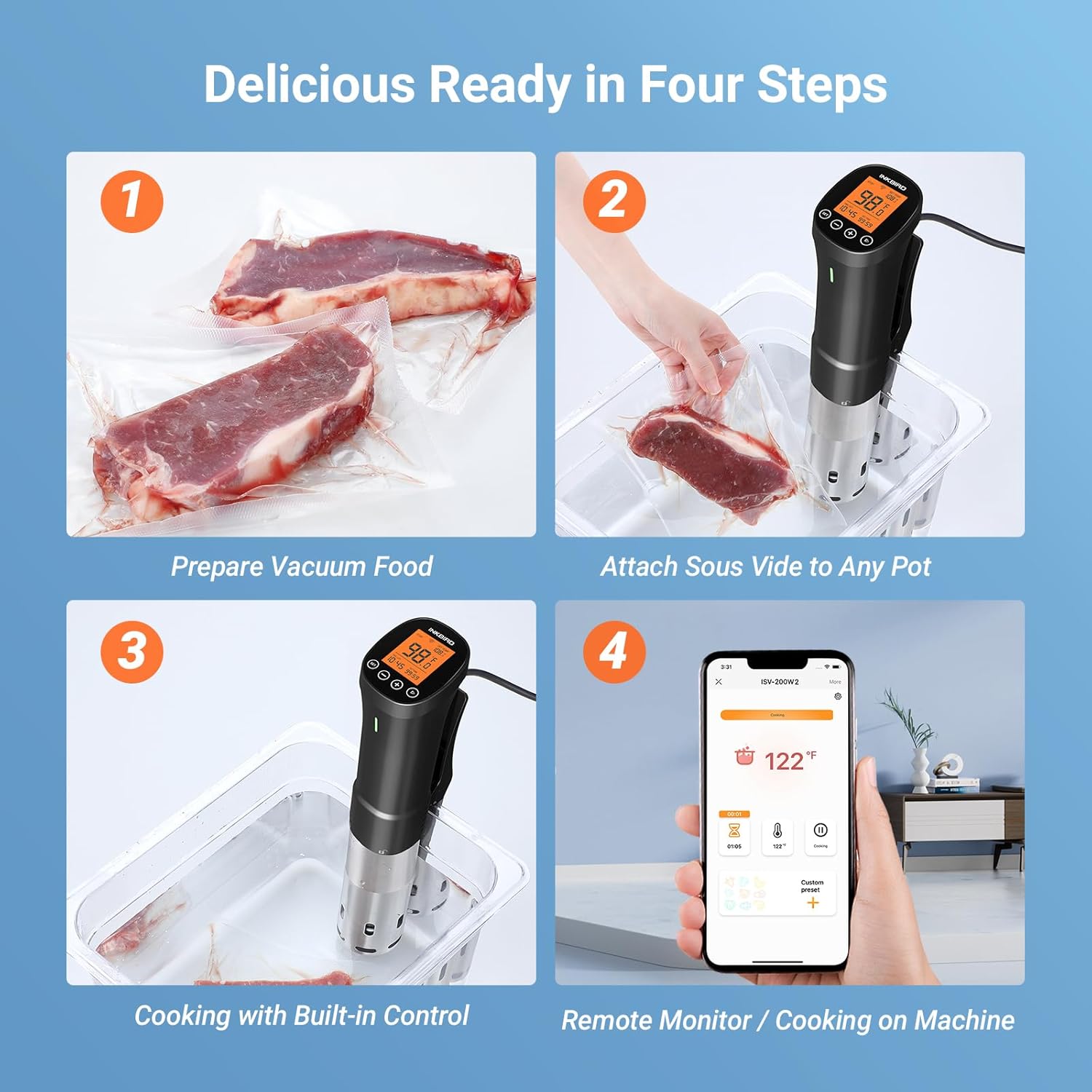 INKBIRD WIFI Sous Vide Cooker ISV-200W Bundle with INK-VS01 Vacuum Sealer Machine,1000W Sous-Vide Kits, Immersion Circulator for Sous Vide Mahine with 14 Preset Recipes on Thermal Immersion