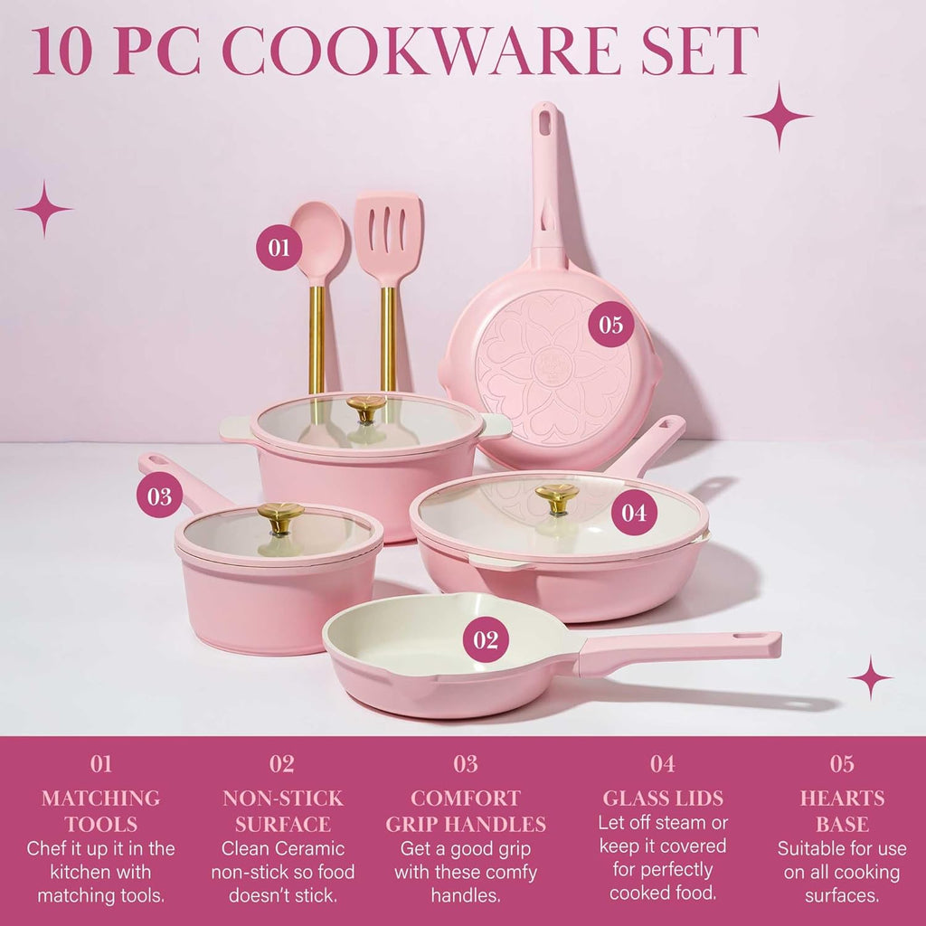 Paris Hilton Ceramic Nonstick Cookware Set, Cast Aluminum with Dual Layer Nonstick Coating, Gold Heart Knobs, Stay-Cool Handles
