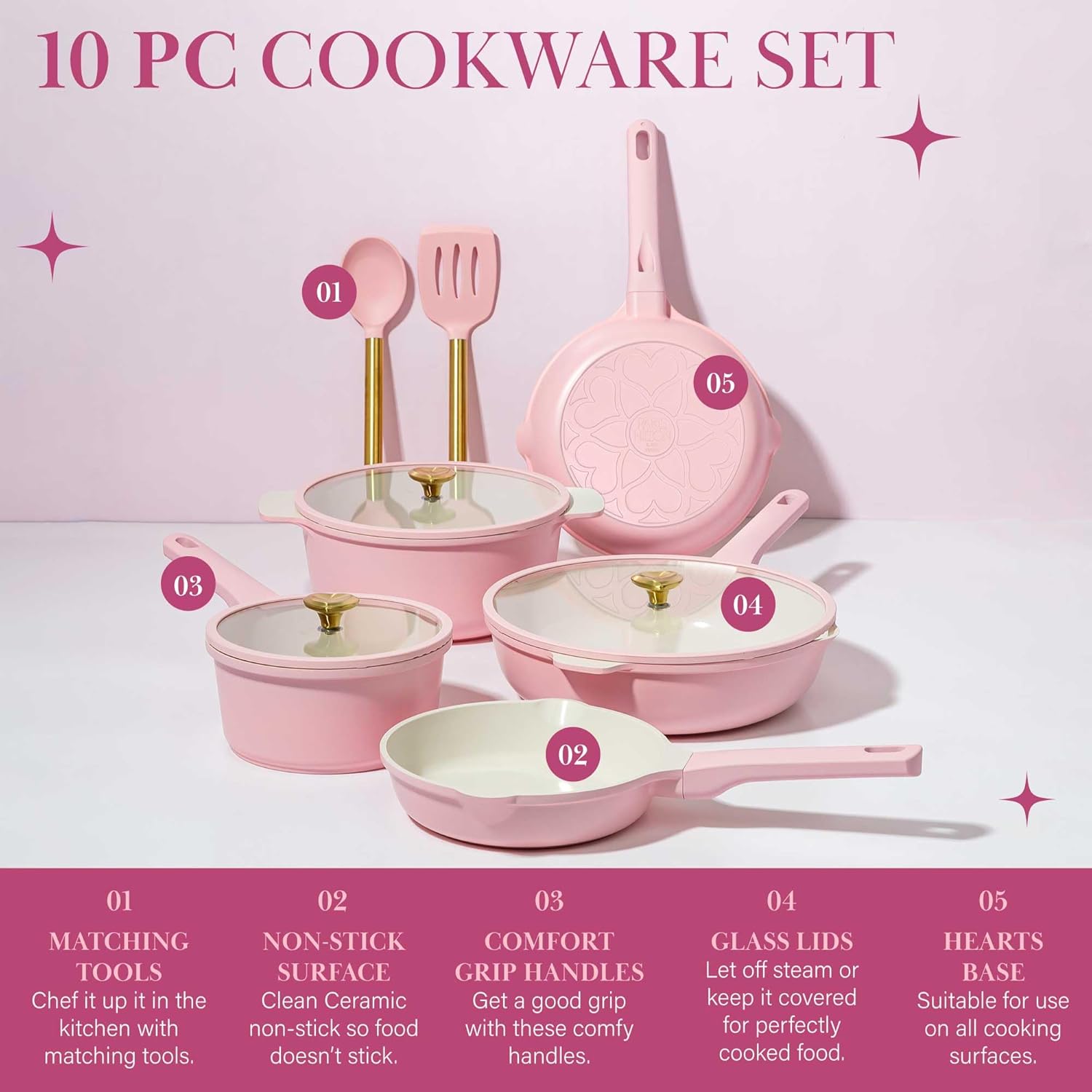 Paris Hilton Ceramic Nonstick Cookware Set, Cast Aluminum with Dual Layer Nonstick Coating, Gold Heart Knobs, Stay-Cool Handles