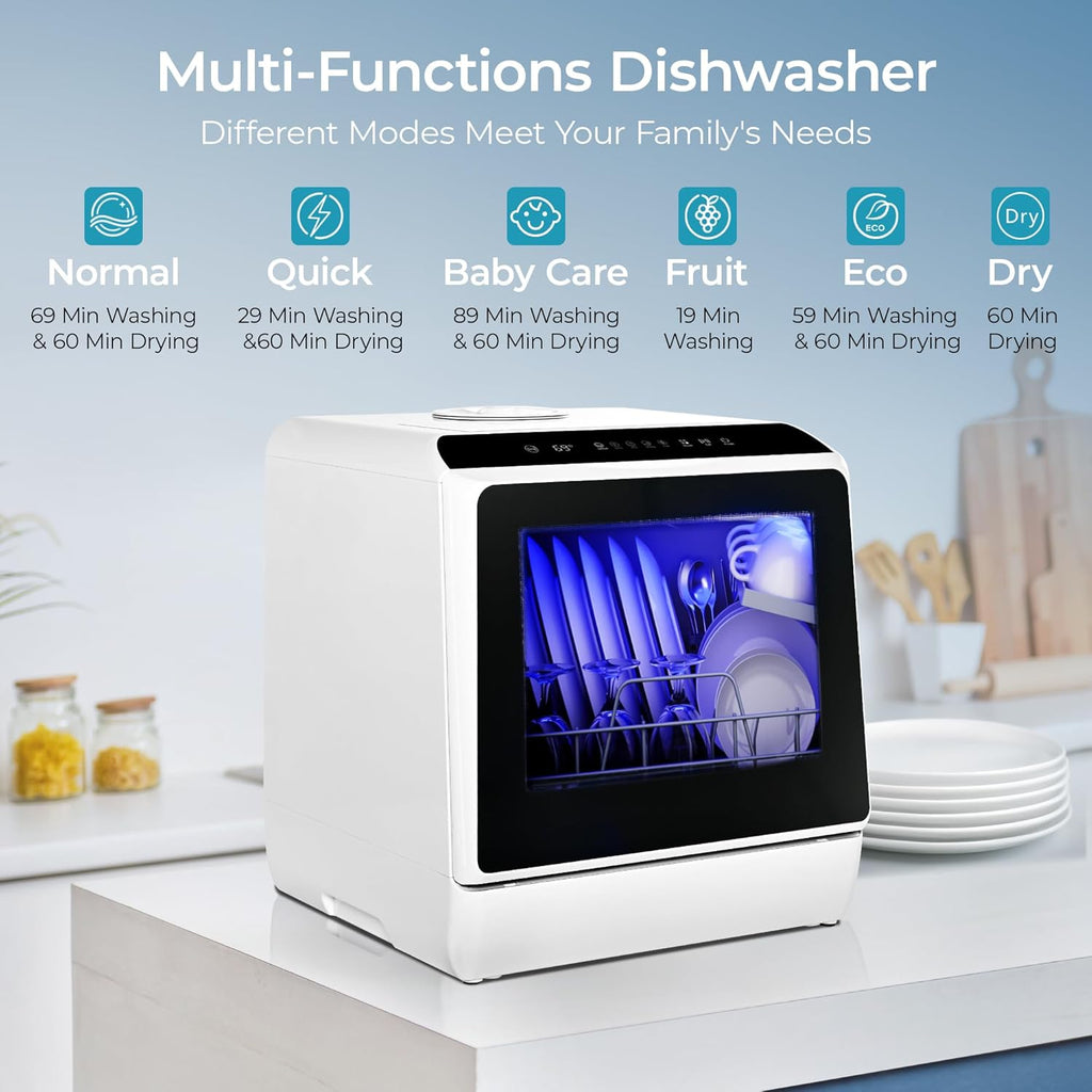 EUHOMY Countertop Dishwasher Portable with 6 Programs, 5L Built-in Water Tank for Apartments & RV, 167℉ High-Temp, No Hookup Needed, Mini Dishwasher with Baby Care