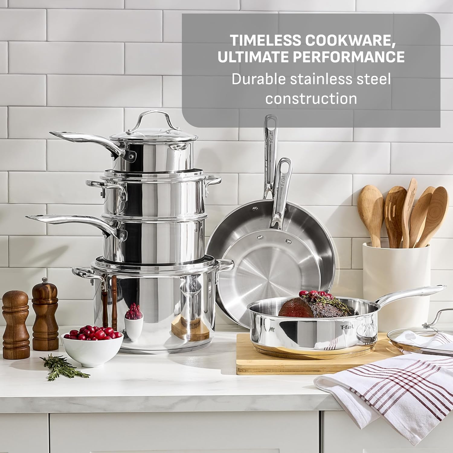 T-fal Stainless Steel Pots and Pans Set 11 Piece, Induction, Oven Broiler Safe 500F, Kitchen Cooking Set