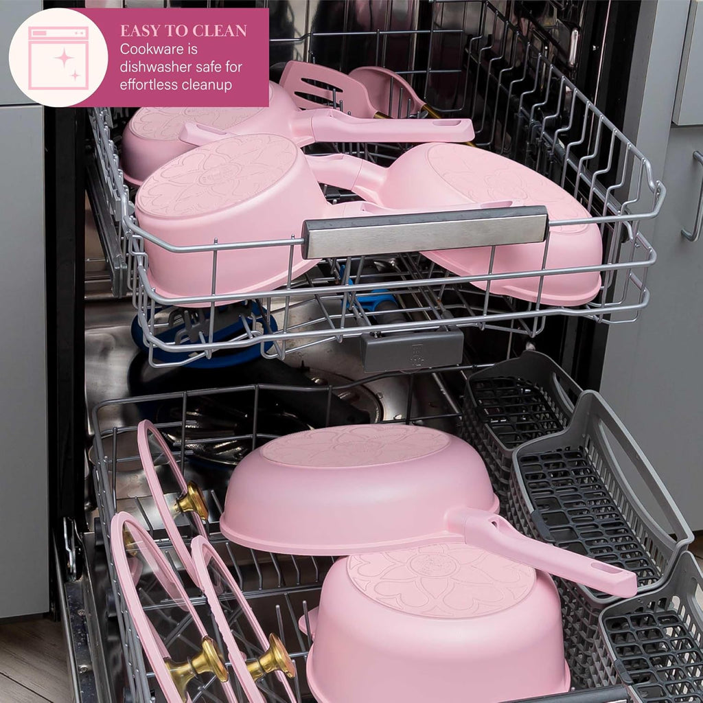 Paris Hilton Ceramic Nonstick Cookware Set, Cast Aluminum with Dual Layer Nonstick Coating, Gold Heart Knobs, Stay-Cool Handles