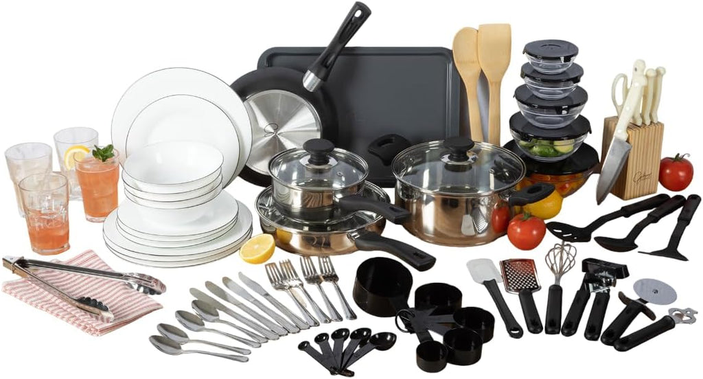 Gibson Home 74 Piece Kitchen in a Box Pots and Pans Cookware, Plates and Bowls Dinnerware, Cutlery Knife Block, Flatware Utensils